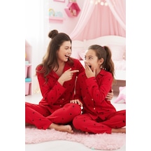 Siyah İnci Kırmızı Pamuklu Düğmeli Pijama Takımı
