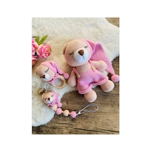 Adenya Sepeti Sepeti Masala Ayıcık Set Pembe Renk Örgü Amigurumi Oyuncak + Diş Kaşıyıcı + Emzik Askısı