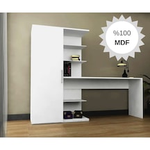Mdf Narin Raflı Dolaplı Çalışma Masası Beyaz Dolap Solda 1 Beyaz