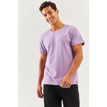 Erkek Oversize Rahat %100 Pamuklu Penye Bisiklet Yaka Kısa Kol Basic T-shirt Lila