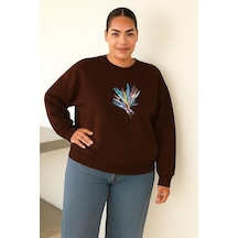 Benroma 3 İplik Penye Tüy Baskılı Büyük Beden Unisex Sweatshırt Kahverengi