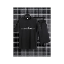 Medinenur El Yazı Detaylı Baskılı T-shirt Short Bol Paça Rahat Kalıp Siyah Alt Siyah Üst Short Takım Siyah