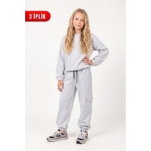 Panios Kids 3 İplik Kız Çocuk Düz Kısa Bel Sweatshirt Bisiklet Yaka Eşofman Takımı Gri