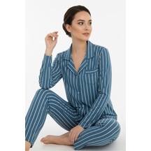 Luxury Viscose Petrol Mavi Çizgili Kadın Uzun Kollu Pijama Takımı 42552 Mavi