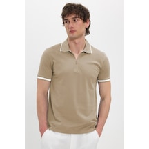 Tudors Erkek Slim Fit Dar Kesim %100 Pamuk Jakarlı Düz Yaka Ve Kol Detaylı Bej Polo Yaka Tişört-50218