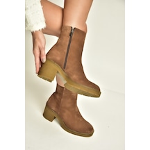 Fox Shoes Z667051161 Taba Hakiki Deri Süet Kalın Topuklu Kadın Bot