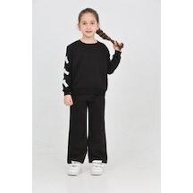Erdem Kıds Kız Çocuk 3 İplik Şardonlu Kurdele Detaylı Basic Sweatshirt-bol Kesim Palazzo Eşofman Takım Siyah Siyah