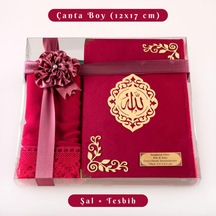 Şal + Tesbih + Kuran Hediye Seti Çanta Boy, Kadife, Şems Lafzatullah, Fuşya Pembe