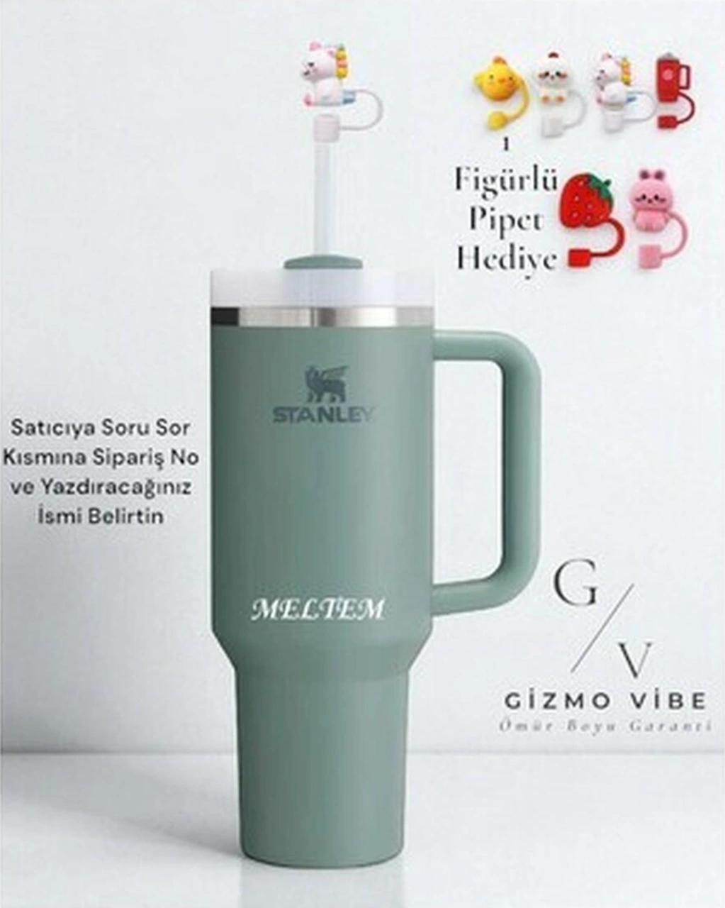 Stanley Kişiselleştirilebilir Stanley Quencher Pipetli Termos Bardak 1.18 Lt Özel Isimli-104937 Siyah - Yeşil