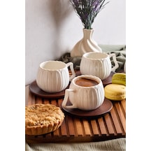 Dark Balkabağı 6'lı Akasya Tabaklı Modern Porselen Kahve Fincanı Seti Beyaz Beyaz