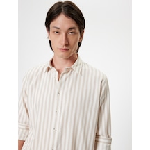 Koton Slim Fit Gömlek Uzun Kollu Düğmeli Yaka Detaylı Pamuk Karışımlı Bej Çizgili 5wam60005hw Ekru