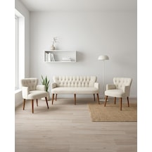 Roma 3+1+1 Keten Kumaş Balkon Ofis Çay Seti Bekleme Koltuk Takımı - Ahşap Ayak - Krem