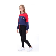 Toontoy Kız Çocuk Relax Fit Yuvarlak Yaka Düşük Omuz Renk Bloklu Baskılı Crop Sweatshirt - Beli Ayarlanabilir &2 İplik Kırmızı