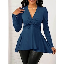 Kadın Uzun Kollu V Yakalı Çapraz Geçmeli Detaylı Ithal Krep Bluz Lacivert
