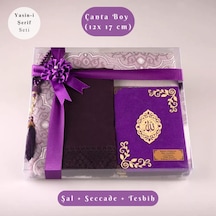 Şal + Seccade + Tesbih + Yasin Hediye Seti Çanta Boy, Şems Lafzatullah, Raşel Cilt, Mor