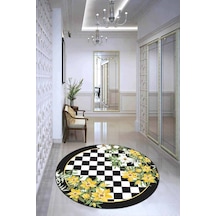 Sarı Kaymaz Tabanlı Çiçekli Yuvarlak Mutfak Halısı Ar1306n11
