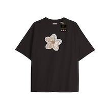 Flood Of Style Siyah Oversize T-shirt Bej Çiçek Özel Tasarım