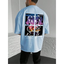 New York Bear Süprem T-shirt - Bebe Mavisi Baskılı Oversize Bisiklet Yaka Tişört Bebe Mavi-78380