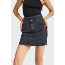 Kadın Koyu Füme Renk 1w5-1 Straight Fit Parlak Taşlı %100 Koton Tasarım Mini Denim Etek