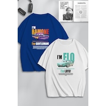 Unisex Kadın Erkek Ramone,flo Layd Ve Gentleman Baskılı Sevgili Çift Kombini Tasarım Oversize Tshirt Mavi Beyaz Mck0511 Mavi Beyaz