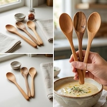3&apos Lü Doğal Ahşap Kaşık Seti - El Yapımı Uzun Tatlı, Bal, Kahve Ve Baharat Kaşığı 20x3 Cm