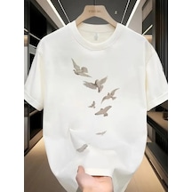 Erkek Bisiklet Yaka Tişort Özgür Kuşlar Baskılı Kısa Kol T-shirt - Beyaz Beyaz