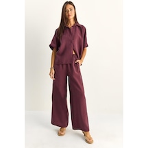 Shade Kadın Oversize Kısa Kol Gömlek Beli Lastikli Geniş Paça Pantolon Takım 7651 60286138 - Mürdüm