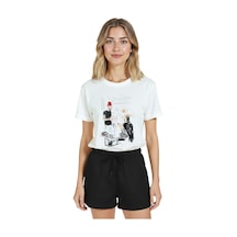 Kadın Beyaz Relaxed Fit %100 Pamuk Tişört Çizgisel Kuaför Sahne Beyaz