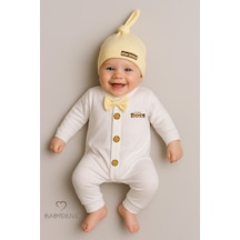 Babyden's Mini Boss Erkek Bebek Papyonlu Şapkalı Tulum Seti %100 Pamuk Hastane Çıkışı Sarı
