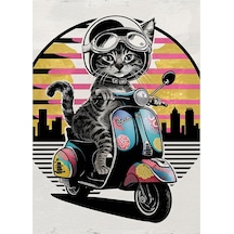 Motosiklet Kullanan Kedi Desenli Ahşap Tablo 35cm X50cm