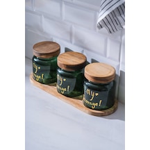 Acar 7937 Pierre 3 Lü Akasya Ahşap Kapak Ve Tepsili Kavanoz Seti 12 Cm - Dark Green Yeşil