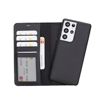 Galaxy S21 Ultra Uyumlu Manyetik Hakiki Deri Cüzdan Kılıf ,cüzdan Taşımaya Son, Kredi Kart Yuvalı siyah