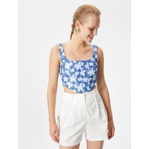 Koton Korse Büstiyer Crop Askılı Çiçekli Kare Yaka Mavi 3sak30083pw 3SAK30083PW609