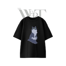 Thewert Cartoon Cat Tasarım Baskılı Ünisex Siyah Oversize T-shirt