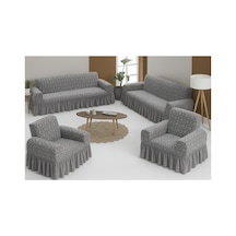 Jakarlı Şal Desen Koltuk, Kanepe, Çekyat Örtüsü, Likralı, Etekli, Koltuk Kılıfı 3+3+1+1 Takım Gri - 797175283 Gri