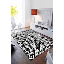 Siyah Beyaz Karo Desen Kaymaz Tabanlı Dekoratif Halı Rv181n11 Siyah - Beyaz