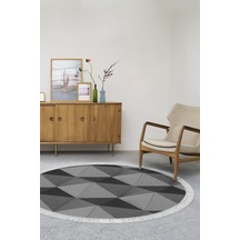 Alanur Home Kaymaz Dijital Mutfak & Salon Halı Star Pamuk Saçaklı Yuvarlak Geometrik E5030 gri