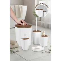 Safir Beyaz Ahşap Desenli Çizgili Banyo Seti 5 Parça Plastik