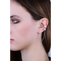 Gümüş Rose Zirkon Taşlı Özel Tasarım Lotus Zincirli Kıkırdak Küpe