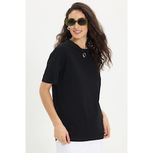 Tudors Kadın Slim Fit Dar Kesim Pamuk Kısa Kollu Bisiklet Yaka Siyah Tişört-50470 L