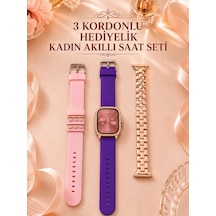 3 Kordonlu Rose Gold Kasalı Kadın Akıllı Saat Seti - Lisinya