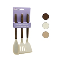 İbico İ22-014 Renkli Silikon Mutfak Seti - Ahşap Akasya Saplı Klasik, Yan, Delikli Spatula 30cm- 12'li Paket