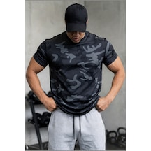 Serablanka Erkek Nem Emici Hızlı Kuruma Atletik Teknik Kamuflaj Desenli Spor T-shirt Lacivert