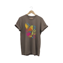 Meow Renkli Geometrik Kedi Baskılı %100 Pamuk Unisex Regular Fit T-shirt Kahverengi