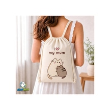 Ghostbastır Design Pusheen Anne Sevgisi Büzgülü Keten Çanta C254 Bej
