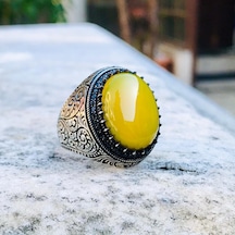 925 Ayar Gümüş Sarı Akik Taşlı Usta İşi Kalem Motifli Erkek Yüzük Gümüş