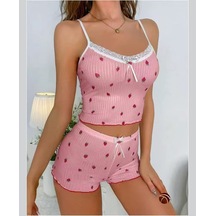 Lily Pembe Çilek Desenli Dantelli Vintage %100 Pamuk İnce Askılı Pembe