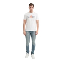 Slim Fit Bisiklet Yaka Pamuklu Baskılı Tişört Ekru