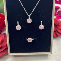 Pembe Kare Kadın 3'lü Takı Seti 925 Ayar Gümüş Zirkon Taşlı Gümüş