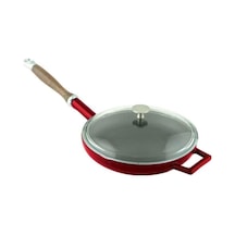 Lava Döküm Kızartma Tavası 28cm Ahşap Saplı Glaze Kırmızı Kırmızı